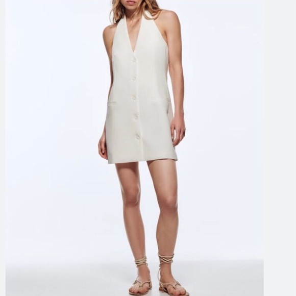 Zara White Button Down Tuxedo Halter Mini Dress - Picture 3 of 10
